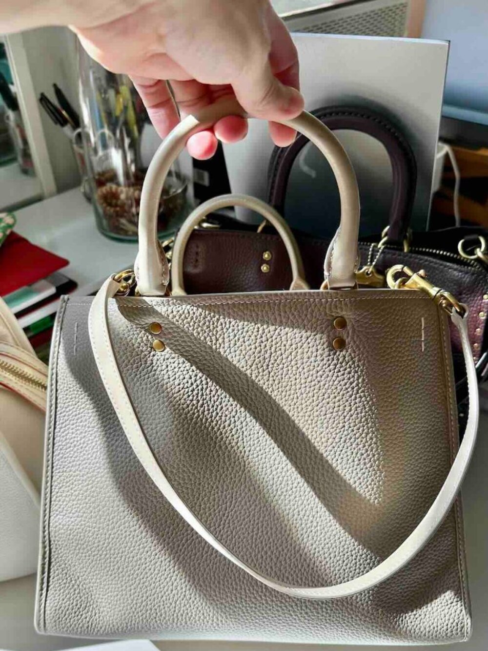 NWT QUINCE 30/31 Italian Leather Medium Convertible Satchel Taupe Ecru 3way bag - Picture 2 of 16